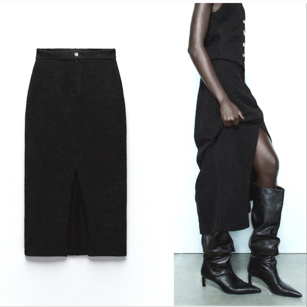 New Zara textured jacquard tweed midi skirt gold button front slit